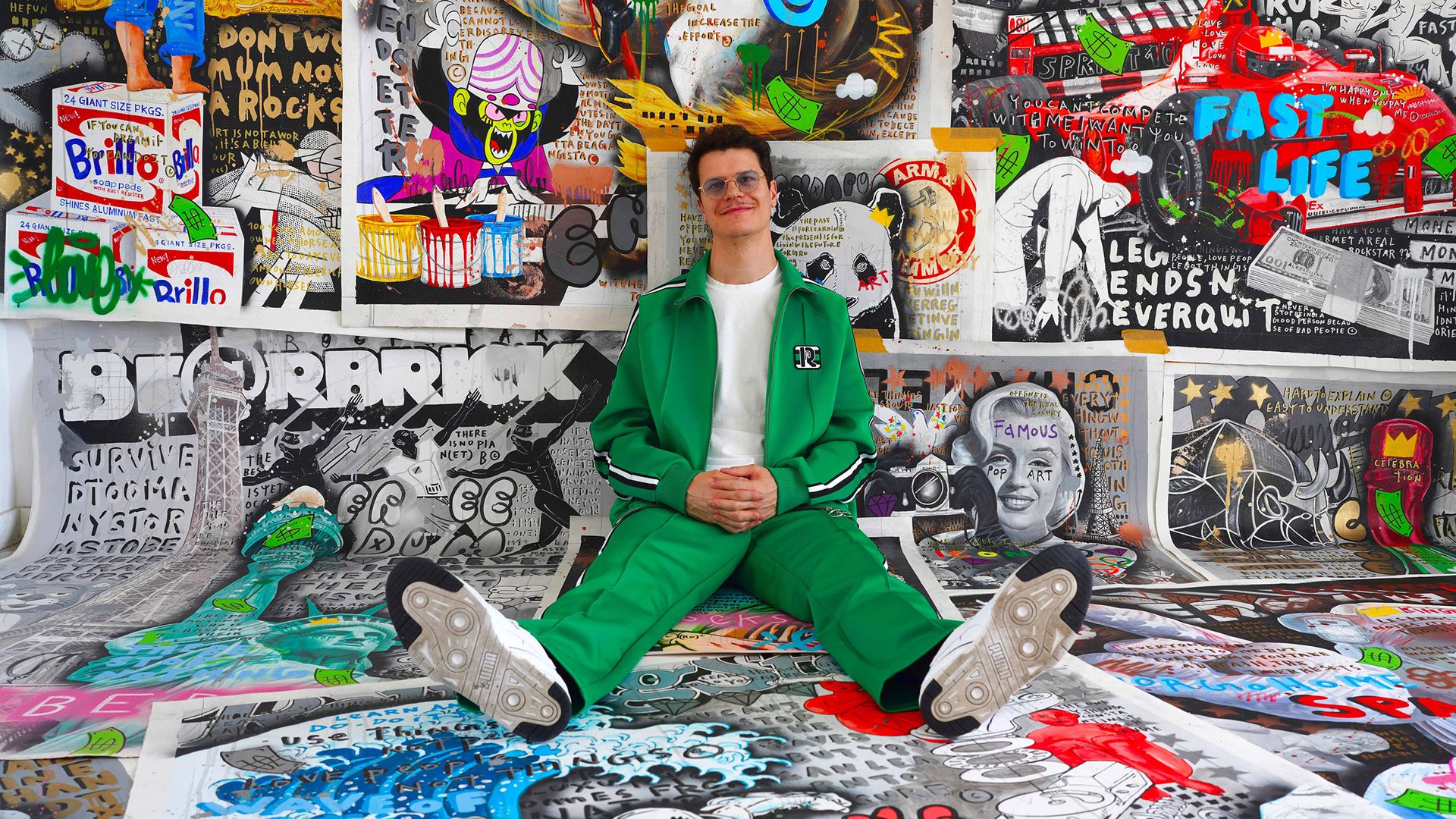 Contemporary artist reinterpreting iconic art figures in a pop and street art style (Patek Philippe, Franck Muller, Armani, BMW, Ducati)